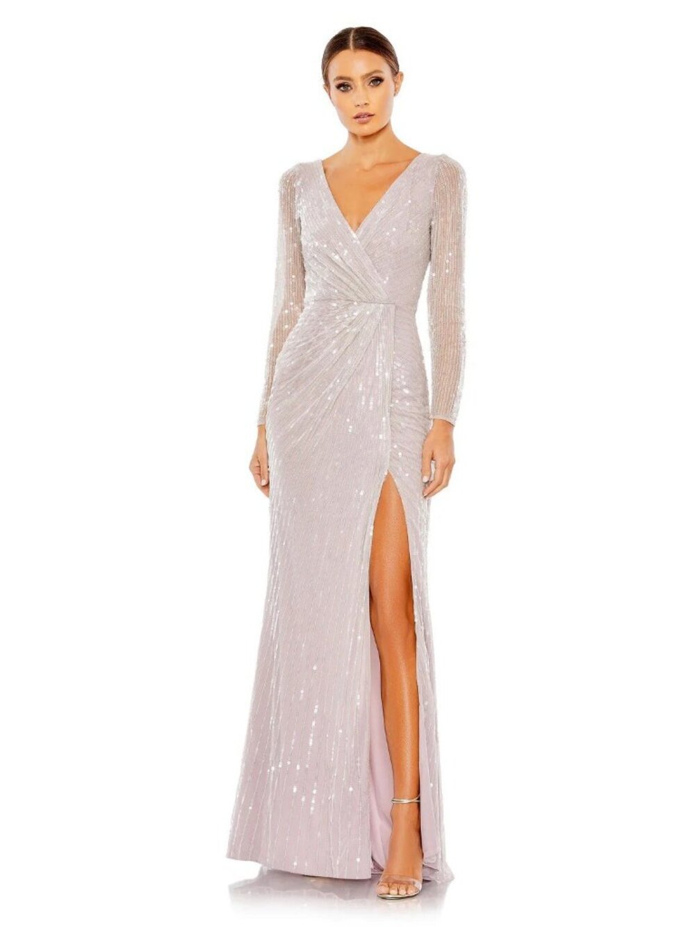 Mac Duggal Size 22 Purple 93660 Sequined Faux Wrap Long Sleeve Gown Dress NWT